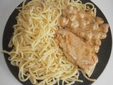 Chicken escalope with mushrooms and spaetzle pasta
