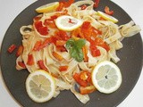 Tagliatelle pasta with bell pepper and tapenade