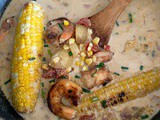 Roasted Corn Chowder with Rum Glazed Shrimp