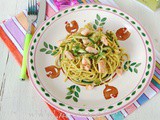 Ricetta Chitarrone aglio e prezzemolo Filotea con trota iridea salmonata e zucchine