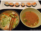 A Japanese meal on a weeknight!: Miso soup, salad with Miso Ginger dressing and Vegetable California rolls