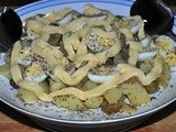 Insalata di patate con capperi, olive, uova di quaglia con zabaione alla senape