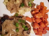Jalapeno gravy pork chops with roasted carrots and mashed potatoes
