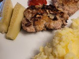 Turkey burgers with mashed potatoes and homemade pickles