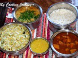South Indian Lunch Menu # 1 – Pumpkin Vathal Kuzhambu, Cabbage Curry and Tomato Rasam