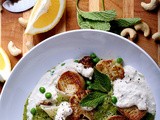 Caramelized Vegan Scallops in Pasta with a Minted Pea Puree