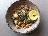 Bright stew (with tiny potatoes, white beans, castelvetrano olives and meyer lemon) and 3-wheat medley (with farro, bulgur, and freekah)