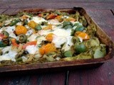 Pesto potato-crusted “pie” with fennel, tomatoes and olives