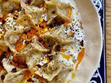 Vegetarian Manti, Turkish dumplings with sautéed onions, chickpeas and spices