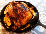 Dinner is: Iron-Skillet Roast Chicken with Acorn Squash, Red Onions and Bacon