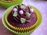 Cupcakes with cacao, cherries and chocolate ganache frosting