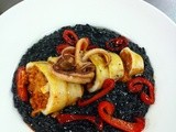Squid Ink Rissotto with Chorizo stuffed Squid