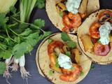 Gochujang Shrimp Tacos with Roasted Pineapple and Cilantro-Lime Sauce