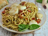 Seared Scallop Pesto Pasta with Slow Roasted Tomatoes