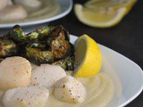 Seared Scallops with Cauliflower Puree and Balsamic Brussels Sprouts {Whole30}