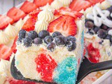 Patriotic Jello Poke Cake with Pudding Frosting
