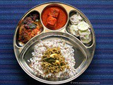 Mangalorean Plated Meal Series - Boshi# 32 - Fish Vindaloo, Cucumber Salad, Moong Curry, Fish Fry & Rice