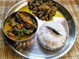 Assamese Style Everyday Lunch Platter : Bhat, Lofa xaak aru Mass & Bengana logot Masor Petu Bhoja