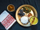 Assamese Style Everyday Lunch Platter : Matidail, Dhakia xaak, Bhedailotar bor & Ou tenga achar