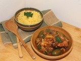 Chicken with preserved lemons, olives, and saffron couscous