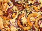 Smoky garlic, delicata squash, and bacon pizza