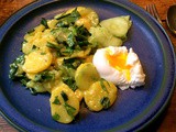 Kartoffelsalat mit Bärlauch,pochiertes Ei,Quitten Dessert,vegetarisch