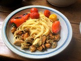 Muscheln,Bratpaprika,Spaghetti,pescetarisch