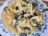 Stove top 3 cheese Mac n' Cheese with Asparagus and Black Olives