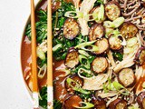 Noodles with purslane, enoki mushrooms and eggplant