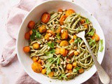 Pasta pesto with roasted carrots and pesto of carrot greens
