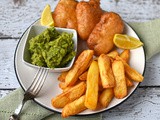 Beer battered halloumi with chips and “mushy” peas
