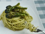 Chargrilled broccoli and spaghetti with lemon and basil pesto