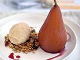Poached pears with pecan granola and miso ice cream
