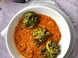 Red lentil dhal with spinach fritters