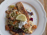 Spiced Salmon Fillet with Roasted Vegetable Couscous and Sour Cream Tatziki
