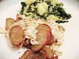 Dinner on the Fly:  Skate and Radishes in Anchovy Brown Butter and Olive Oil Mashed Potatoes and Dandelion Greens