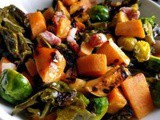 Stir fry with Head of Brussels sprout, sweet potatoes, turnip and pancetta
